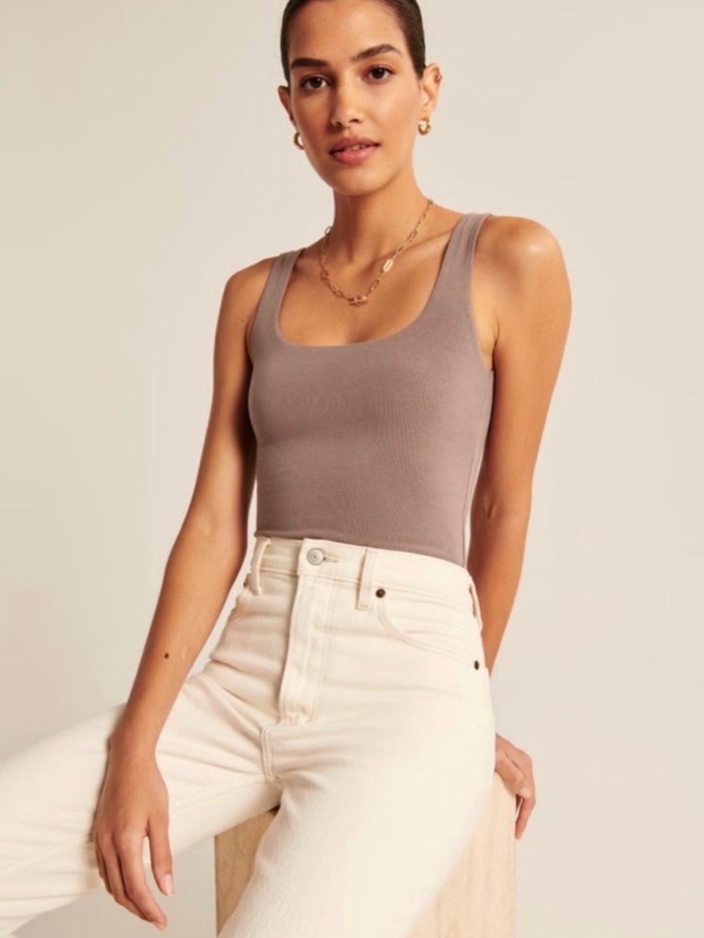 Abercrombie Seamless Square-Neck Bodysuit Tan, size L, EUC!